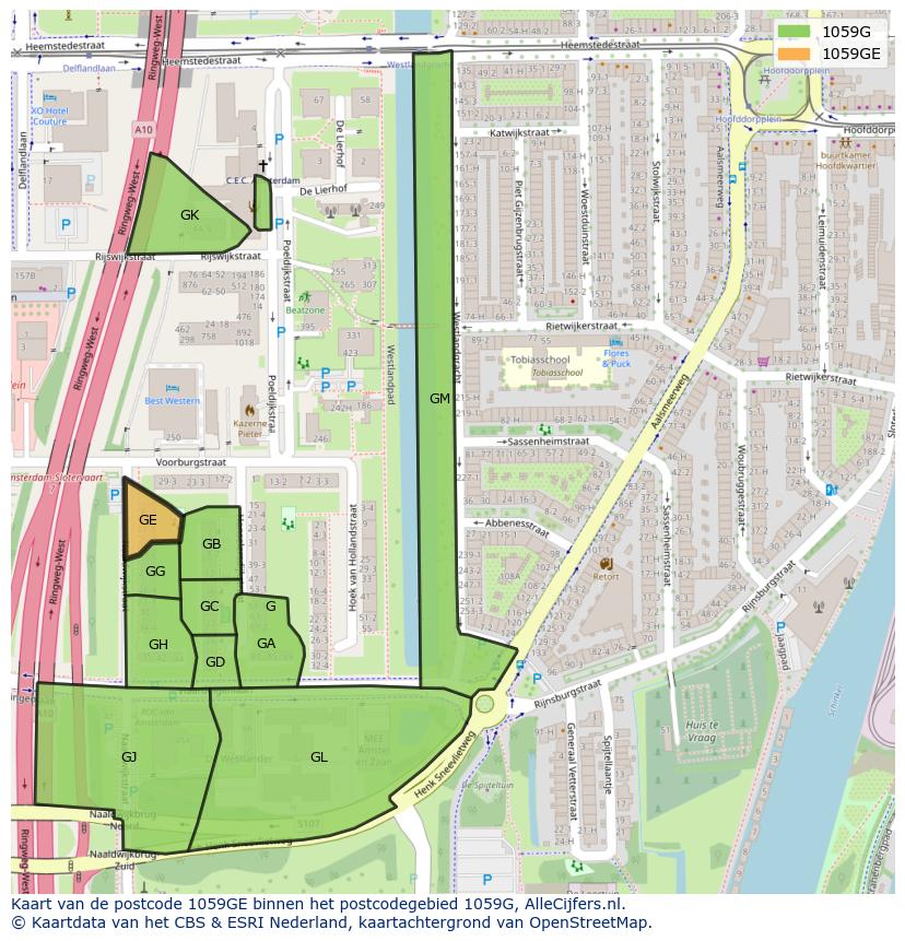 Afbeelding van het postcodegebied 1059 GE op de kaart.