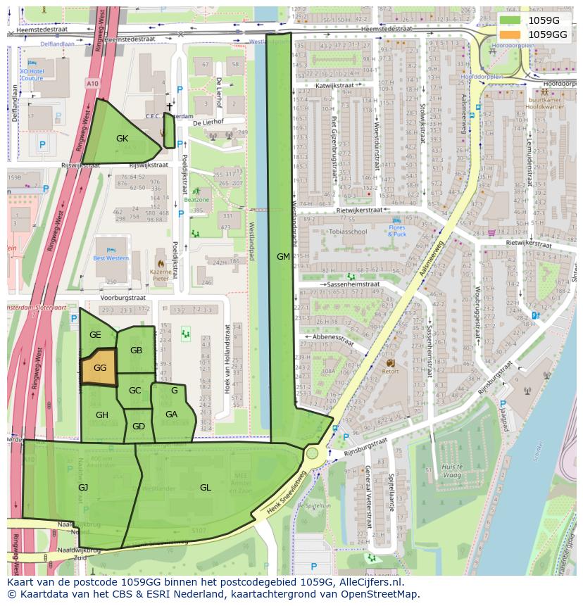 Afbeelding van het postcodegebied 1059 GG op de kaart.