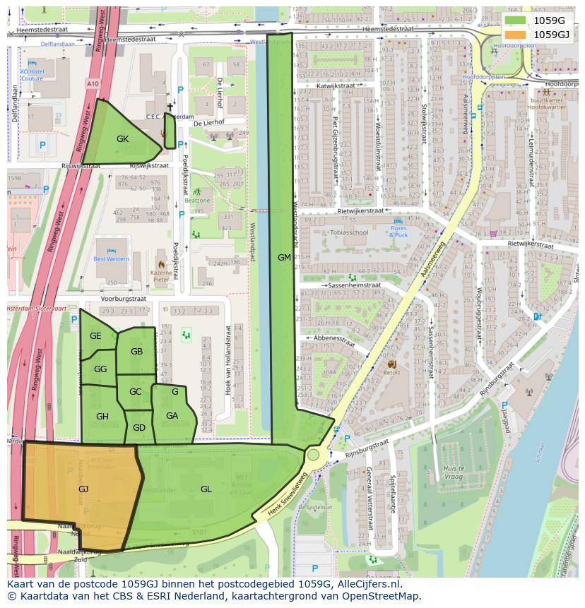 Afbeelding van het postcodegebied 1059 GJ op de kaart.