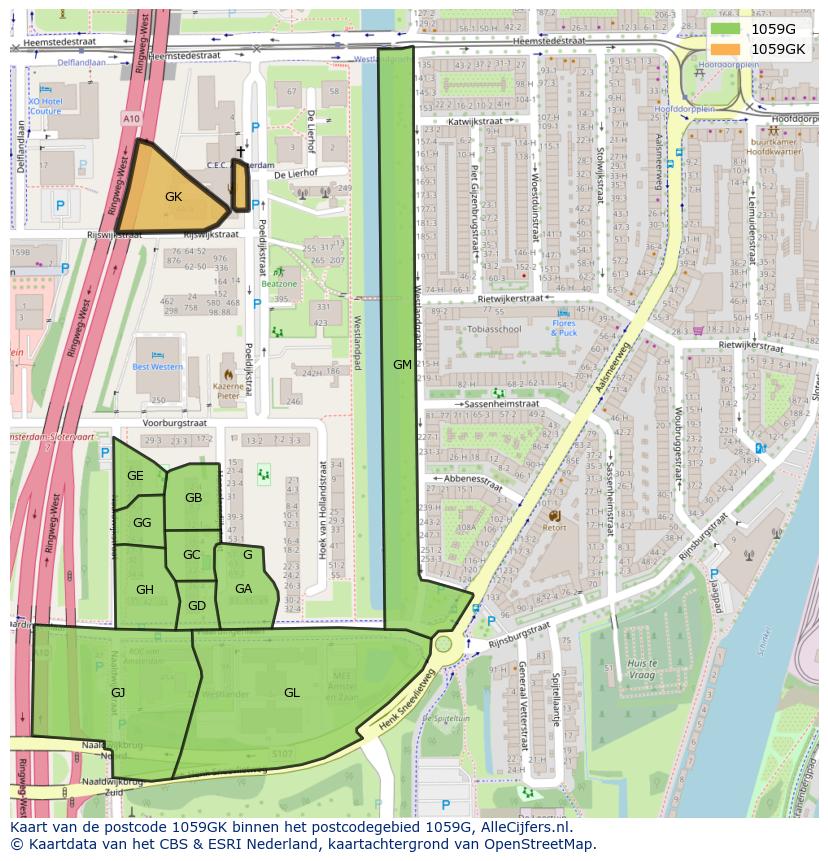 Afbeelding van het postcodegebied 1059 GK op de kaart.