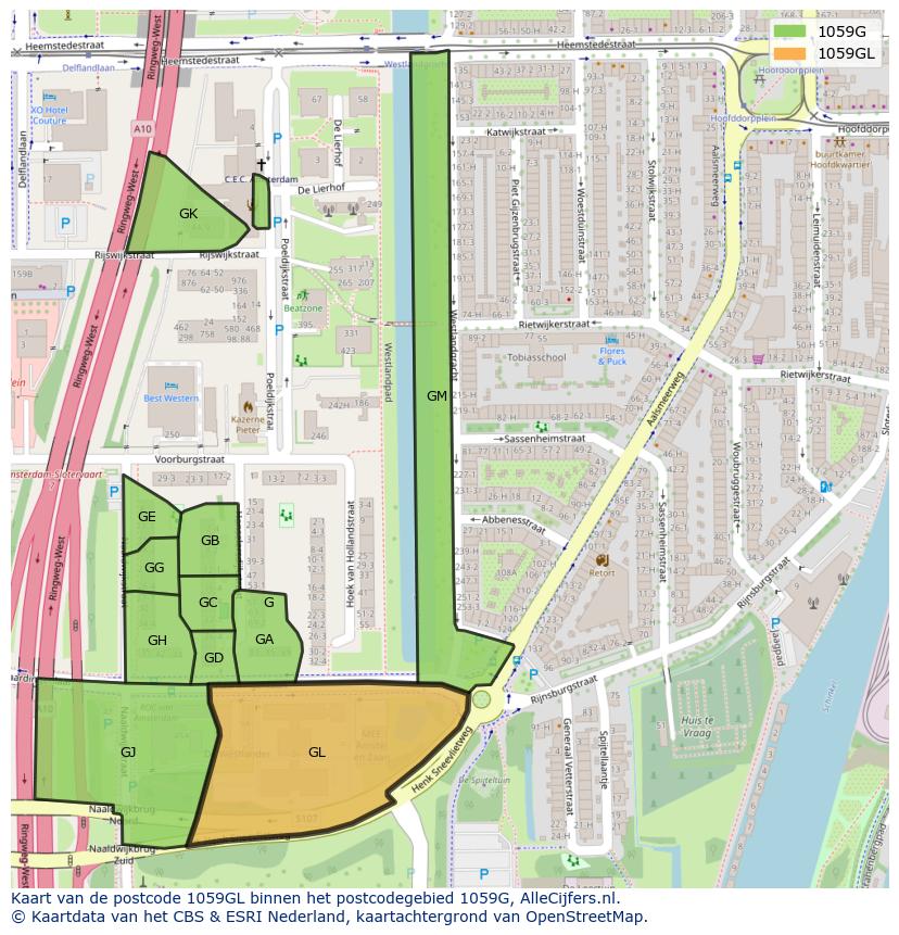 Afbeelding van het postcodegebied 1059 GL op de kaart.