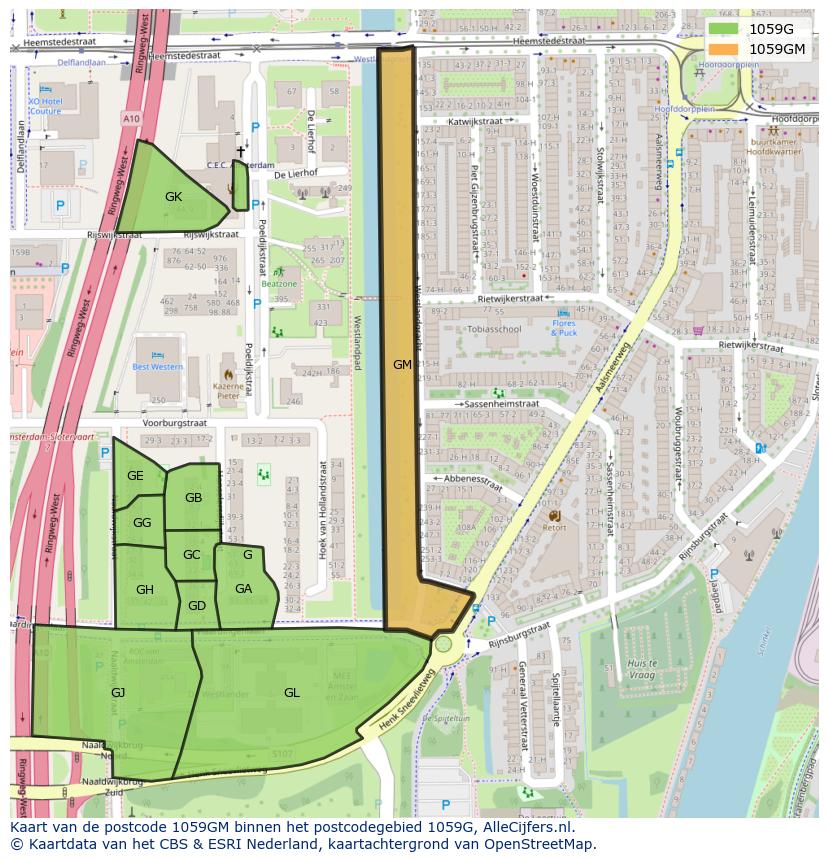 Afbeelding van het postcodegebied 1059 GM op de kaart.