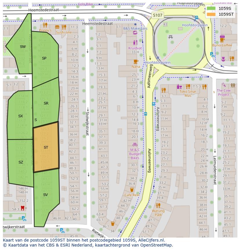 Afbeelding van het postcodegebied 1059 ST op de kaart.