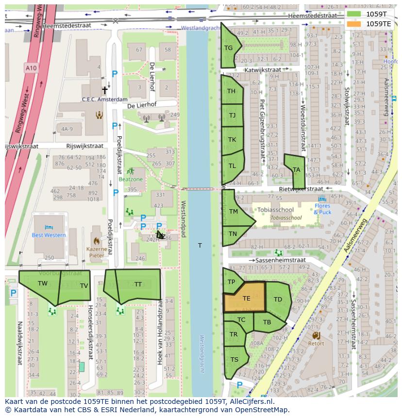 Afbeelding van het postcodegebied 1059 TE op de kaart.