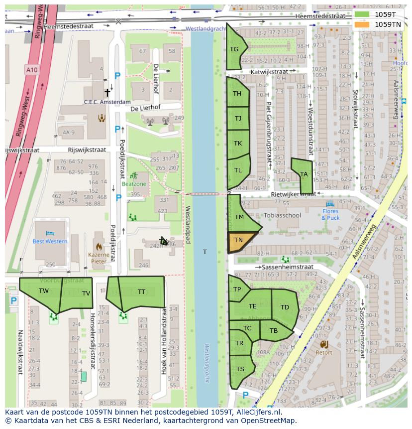 Afbeelding van het postcodegebied 1059 TN op de kaart.