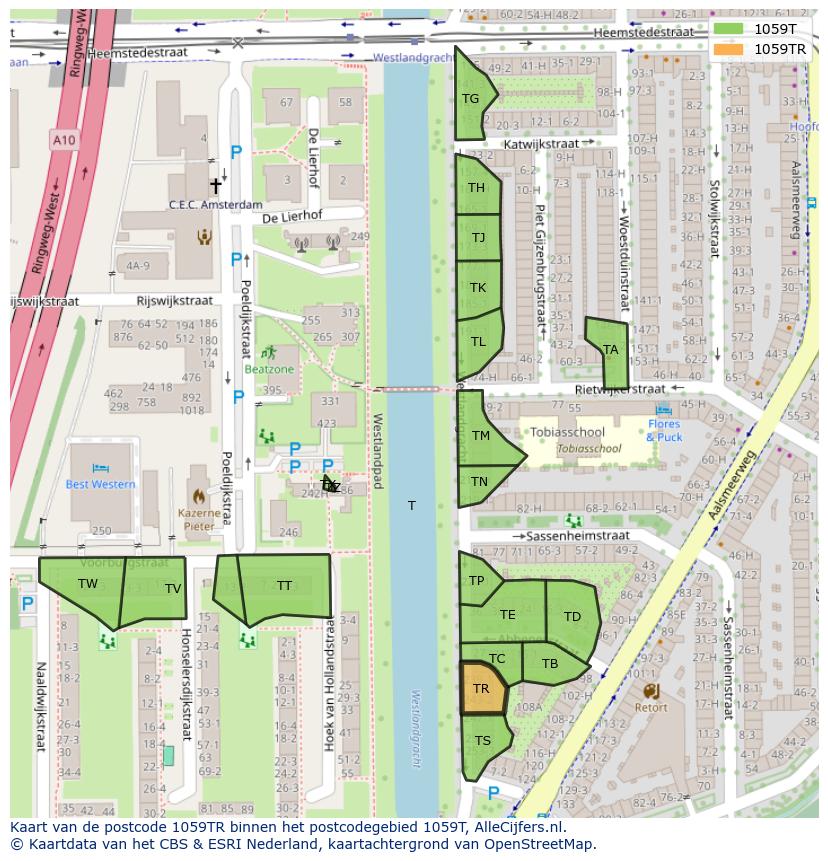 Afbeelding van het postcodegebied 1059 TR op de kaart.