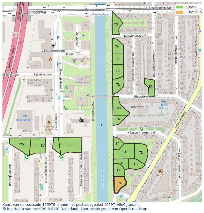 Afbeelding van het postcodegebied 1059 TS op de kaart.