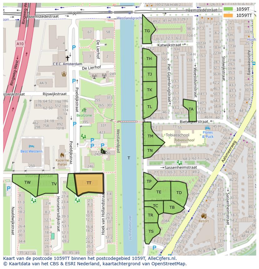 Afbeelding van het postcodegebied 1059 TT op de kaart.