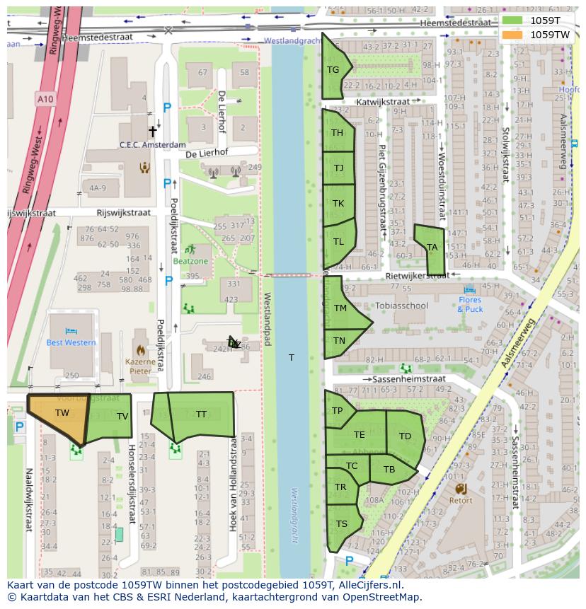 Afbeelding van het postcodegebied 1059 TW op de kaart.