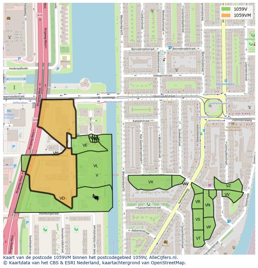 Afbeelding van het postcodegebied 1059 VM op de kaart.