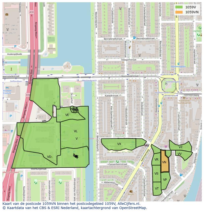 Afbeelding van het postcodegebied 1059 VN op de kaart.