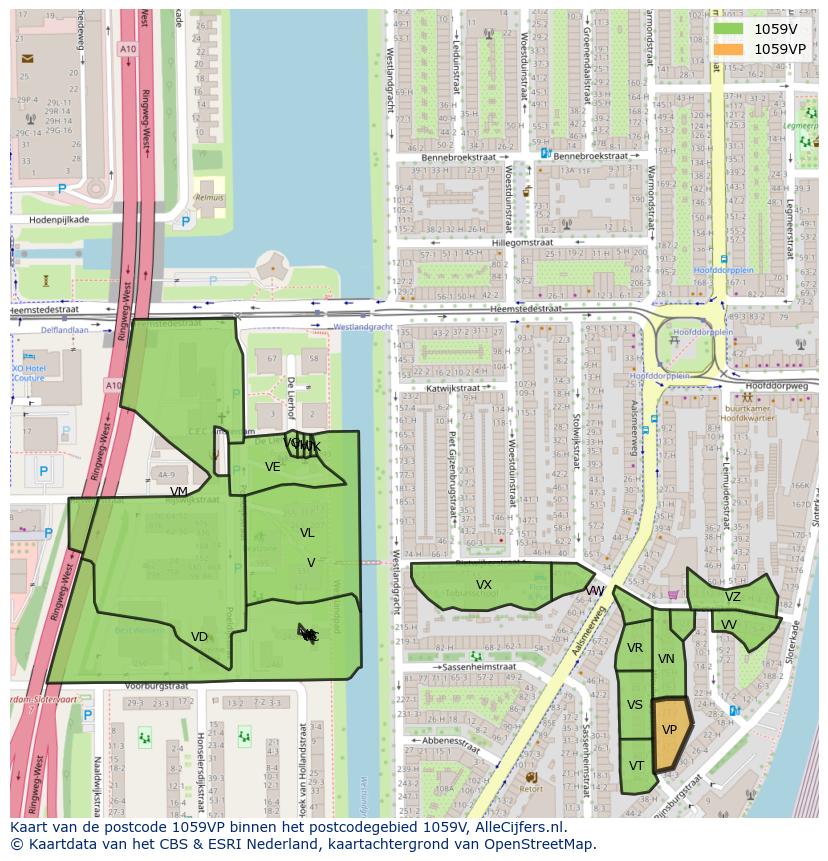 Afbeelding van het postcodegebied 1059 VP op de kaart.