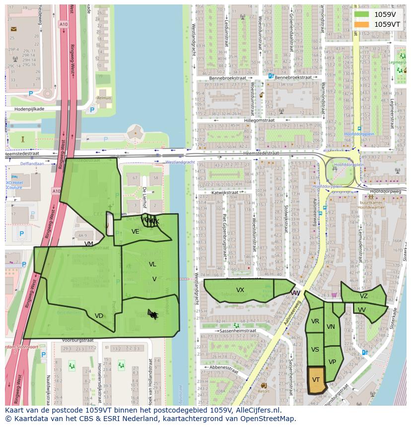 Afbeelding van het postcodegebied 1059 VT op de kaart.