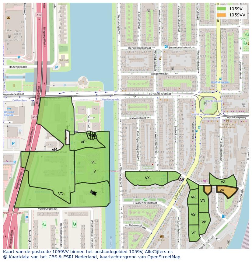 Afbeelding van het postcodegebied 1059 VV op de kaart.