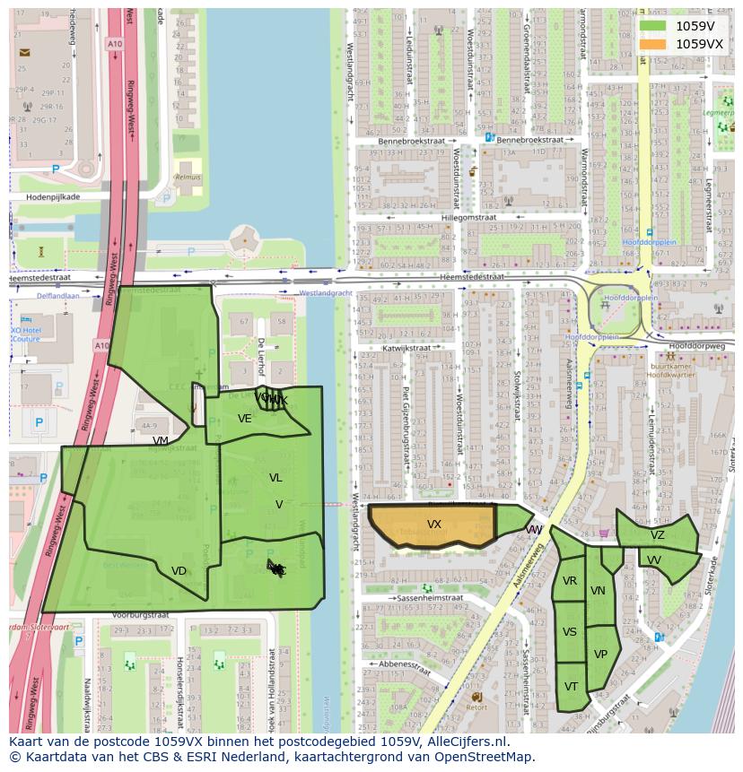 Afbeelding van het postcodegebied 1059 VX op de kaart.