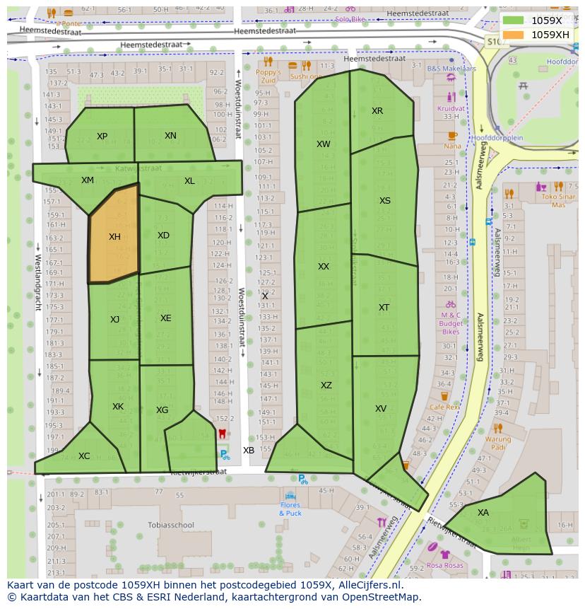 Afbeelding van het postcodegebied 1059 XH op de kaart.