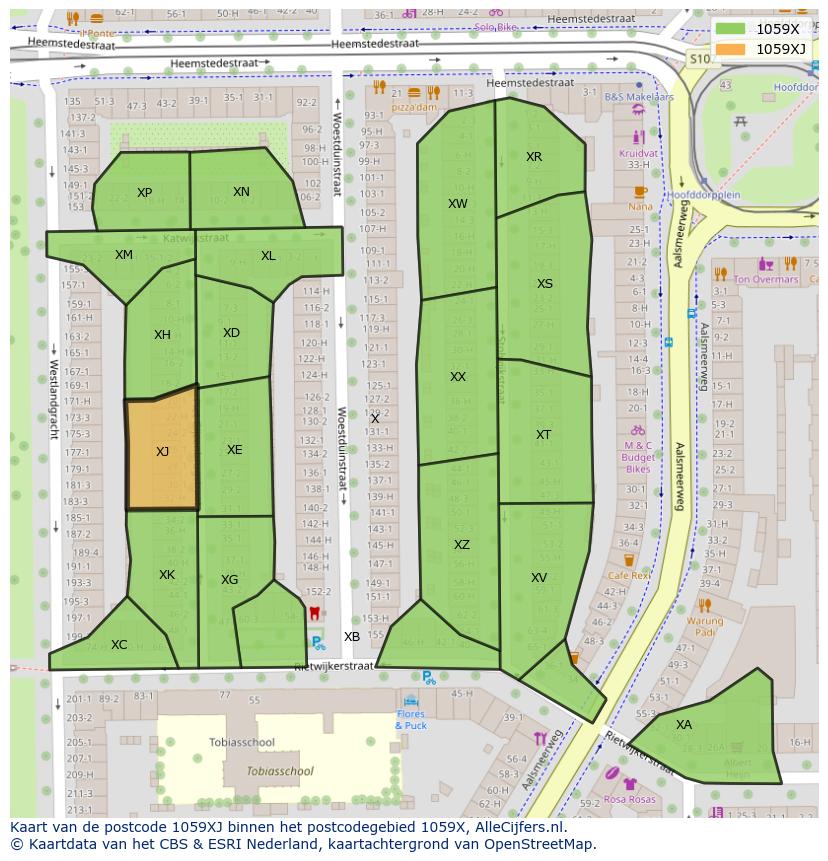 Afbeelding van het postcodegebied 1059 XJ op de kaart.