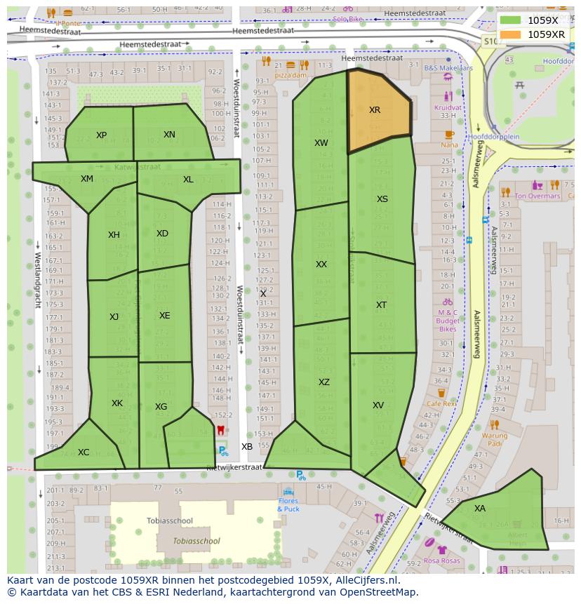 Afbeelding van het postcodegebied 1059 XR op de kaart.