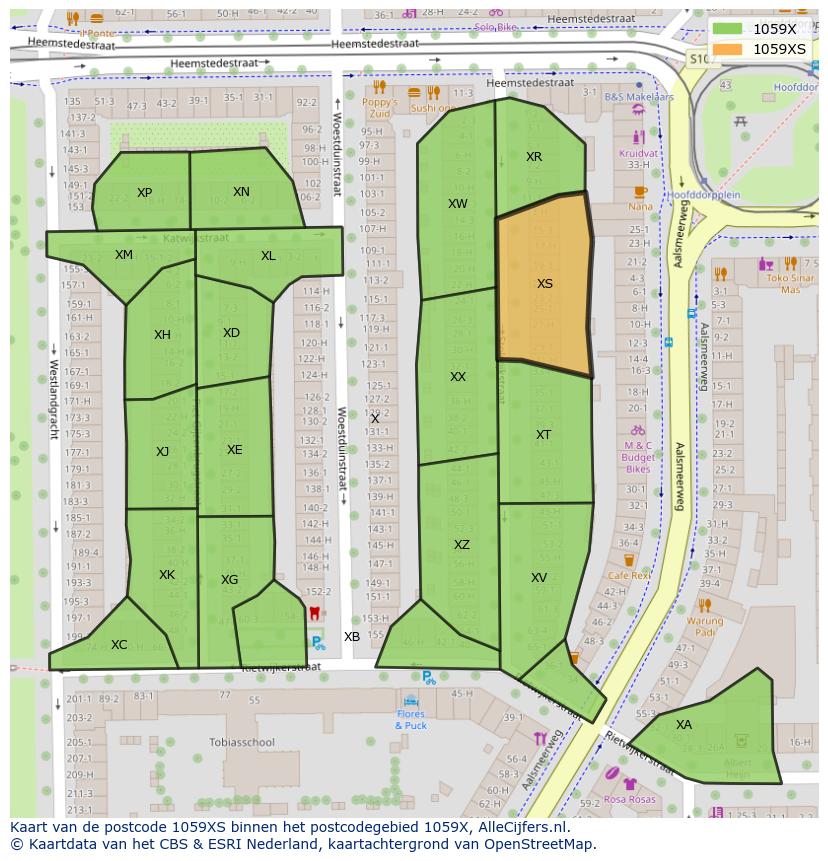 Afbeelding van het postcodegebied 1059 XS op de kaart.