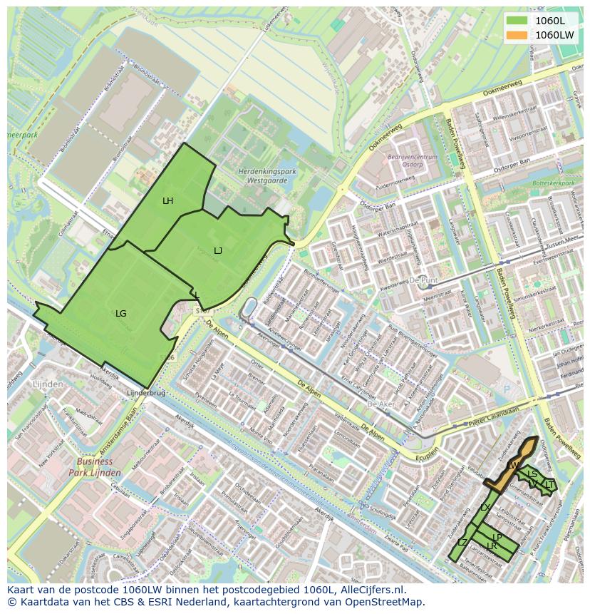 Afbeelding van het postcodegebied 1060 LW op de kaart.
