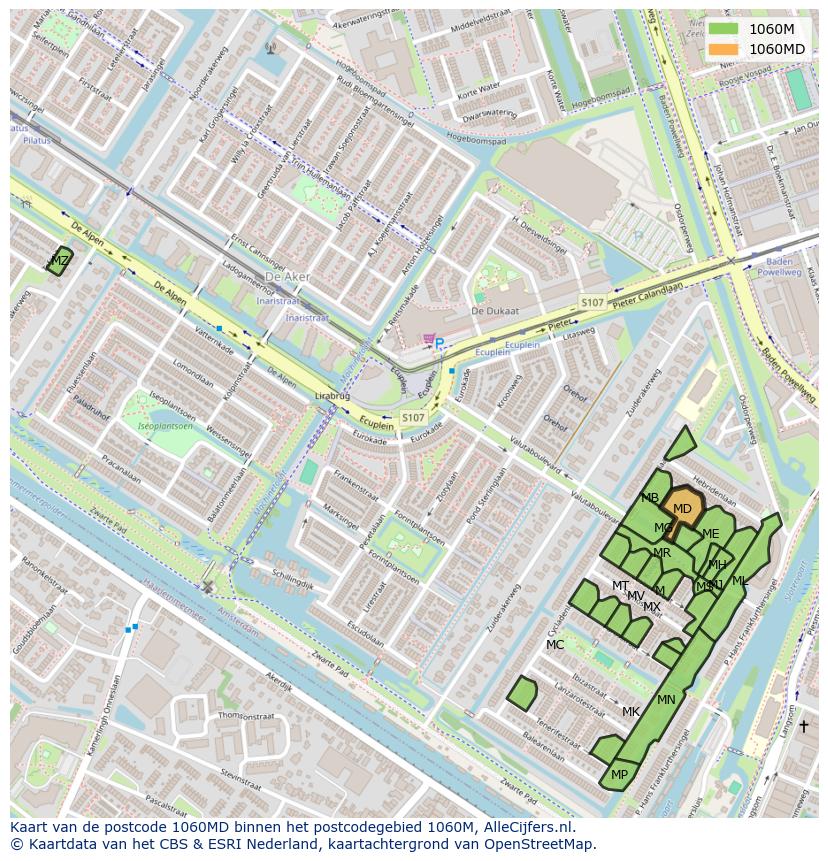 Afbeelding van het postcodegebied 1060 MD op de kaart.