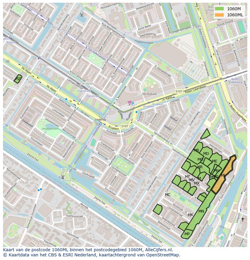 Afbeelding van het postcodegebied 1060 ML op de kaart.