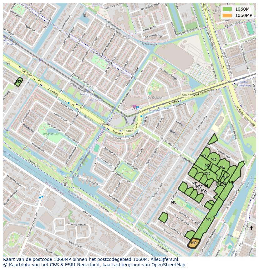 Afbeelding van het postcodegebied 1060 MP op de kaart.