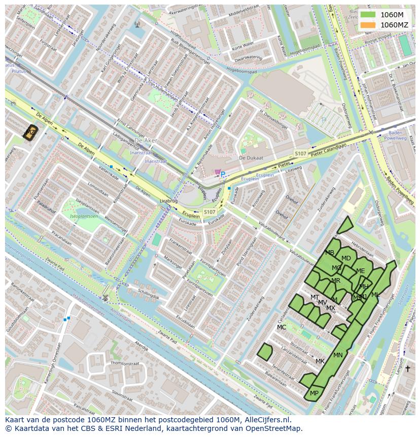 Afbeelding van het postcodegebied 1060 MZ op de kaart.