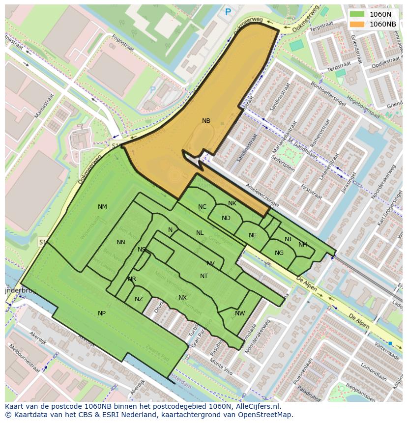 Afbeelding van het postcodegebied 1060 NB op de kaart.