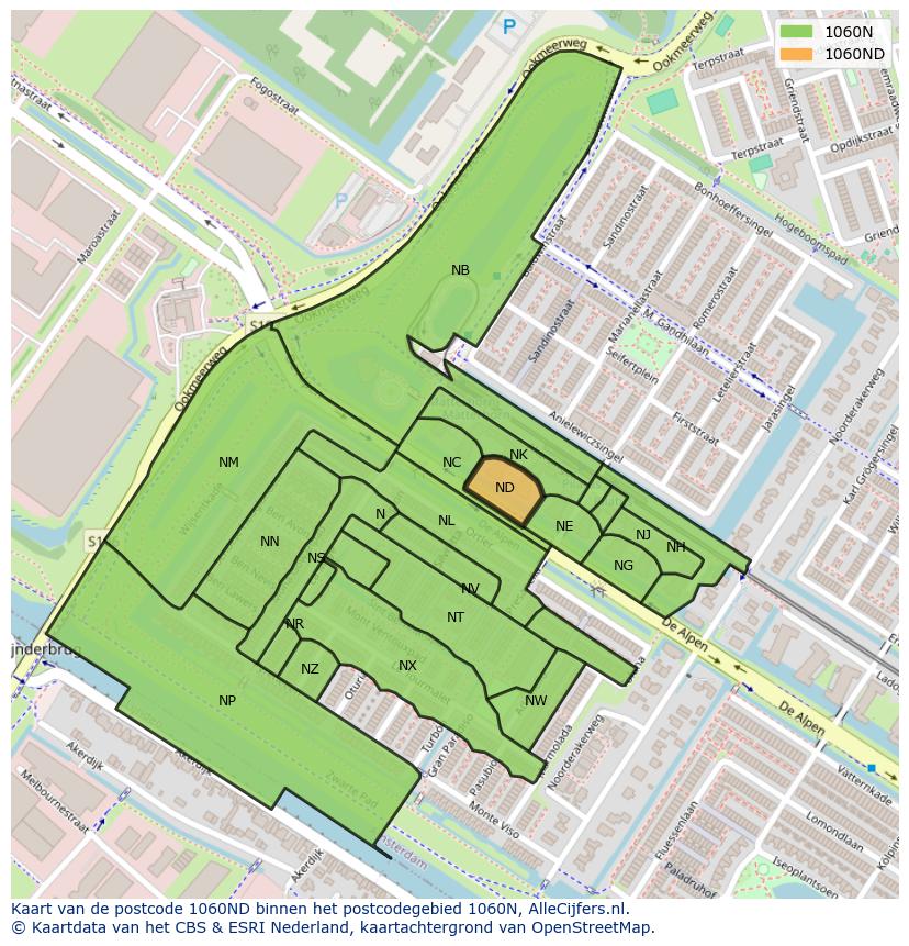 Afbeelding van het postcodegebied 1060 ND op de kaart.