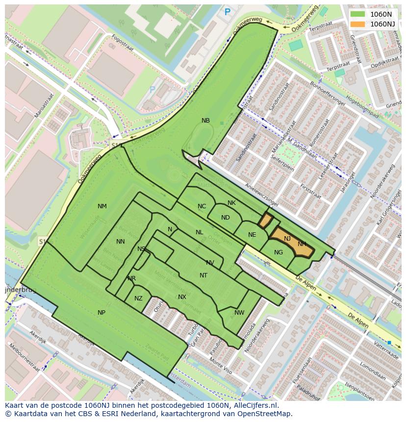 Afbeelding van het postcodegebied 1060 NJ op de kaart.