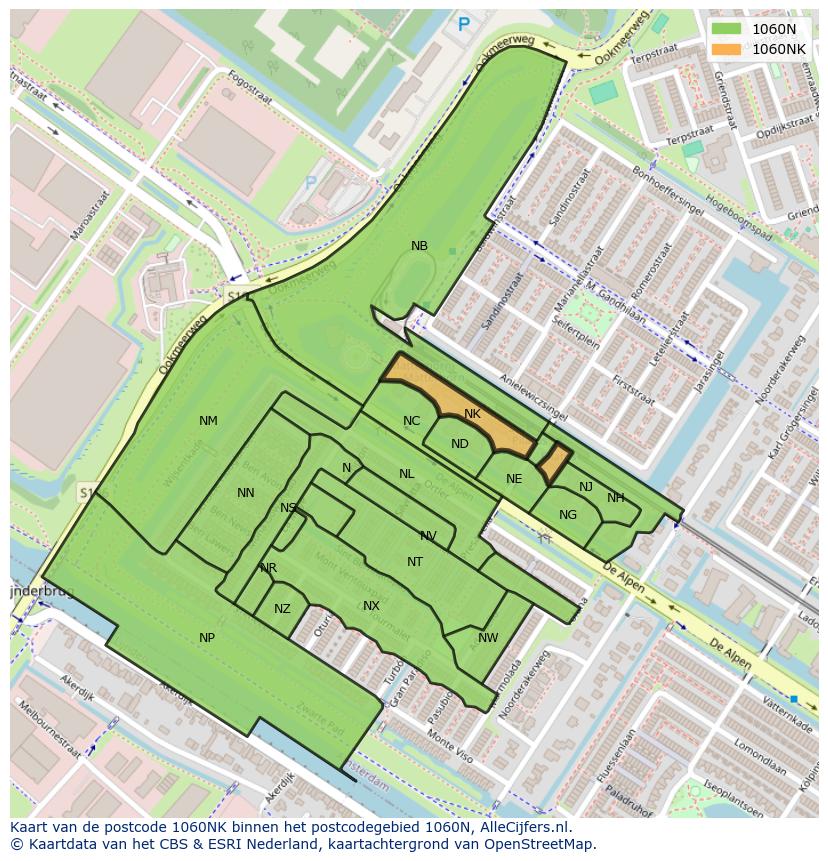 Afbeelding van het postcodegebied 1060 NK op de kaart.