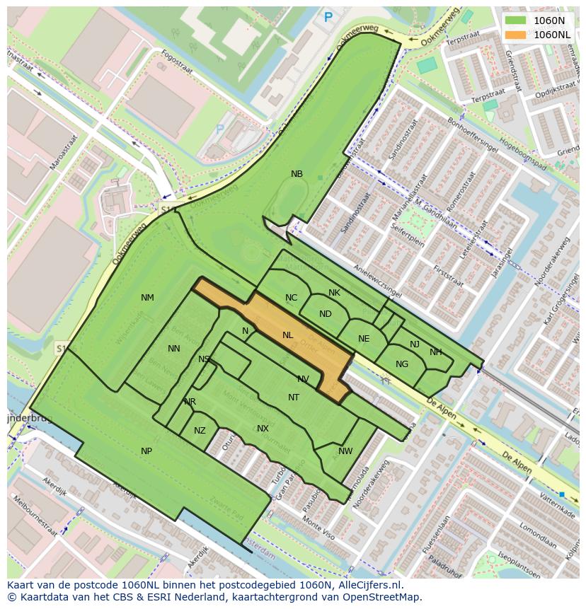 Afbeelding van het postcodegebied 1060 NL op de kaart.