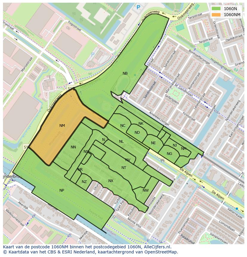 Afbeelding van het postcodegebied 1060 NM op de kaart.