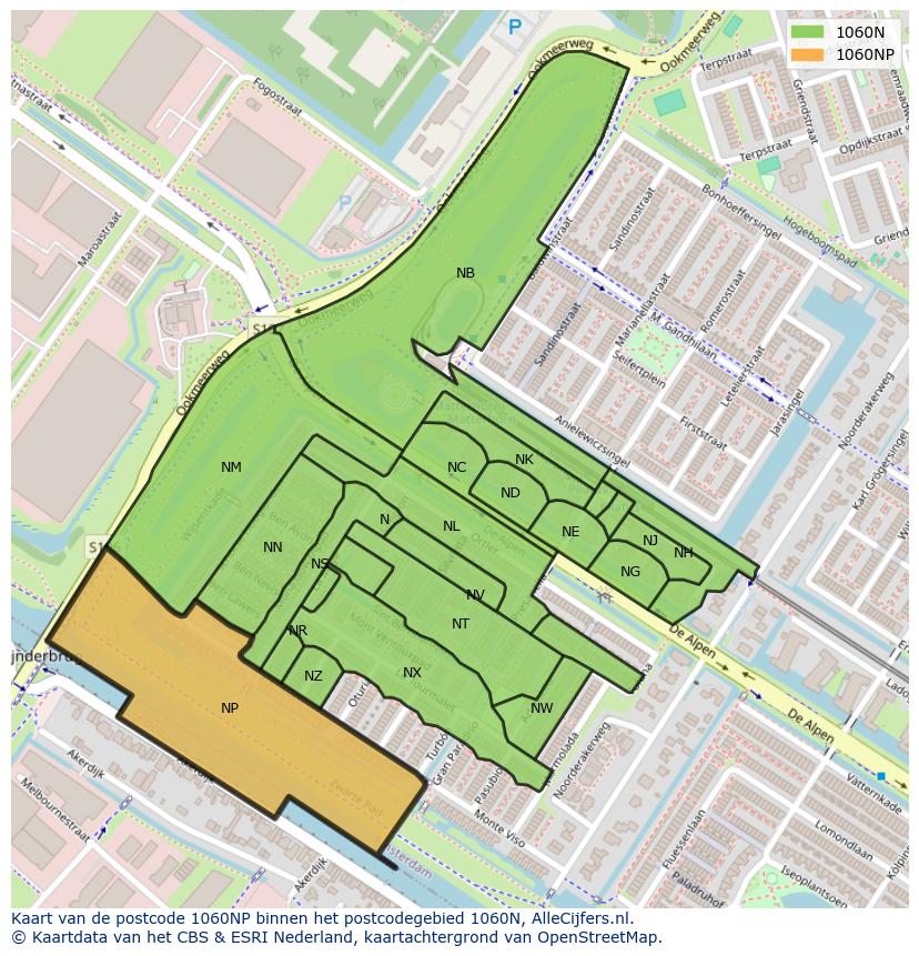 Afbeelding van het postcodegebied 1060 NP op de kaart.