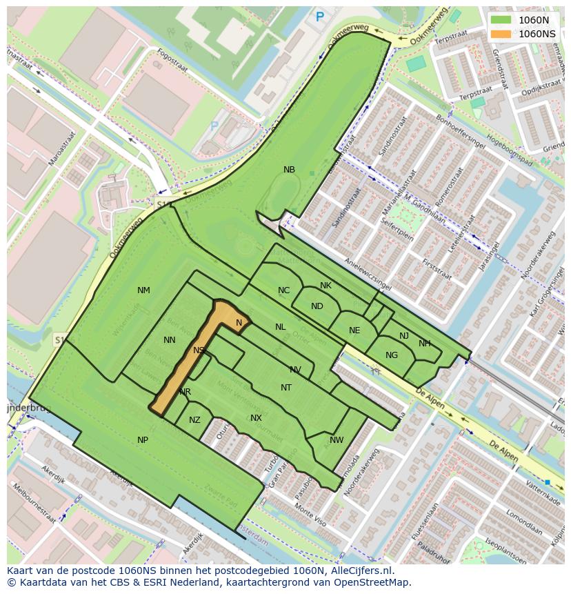 Afbeelding van het postcodegebied 1060 NS op de kaart.