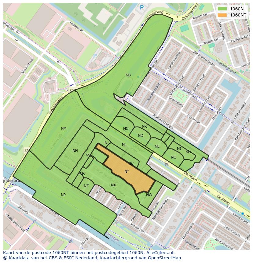 Afbeelding van het postcodegebied 1060 NT op de kaart.