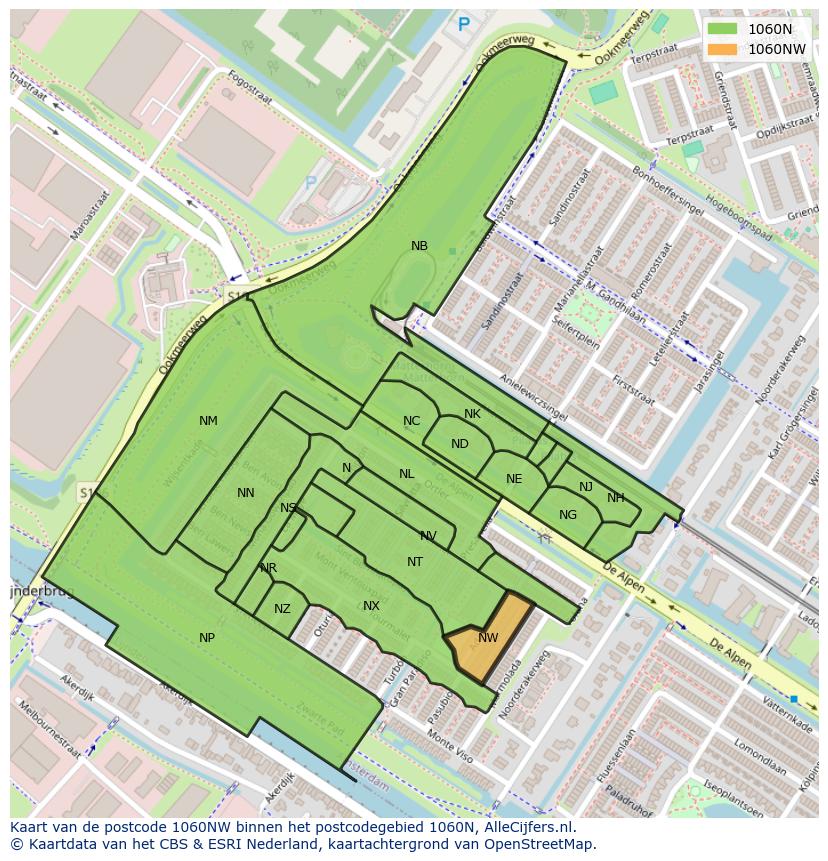 Afbeelding van het postcodegebied 1060 NW op de kaart.