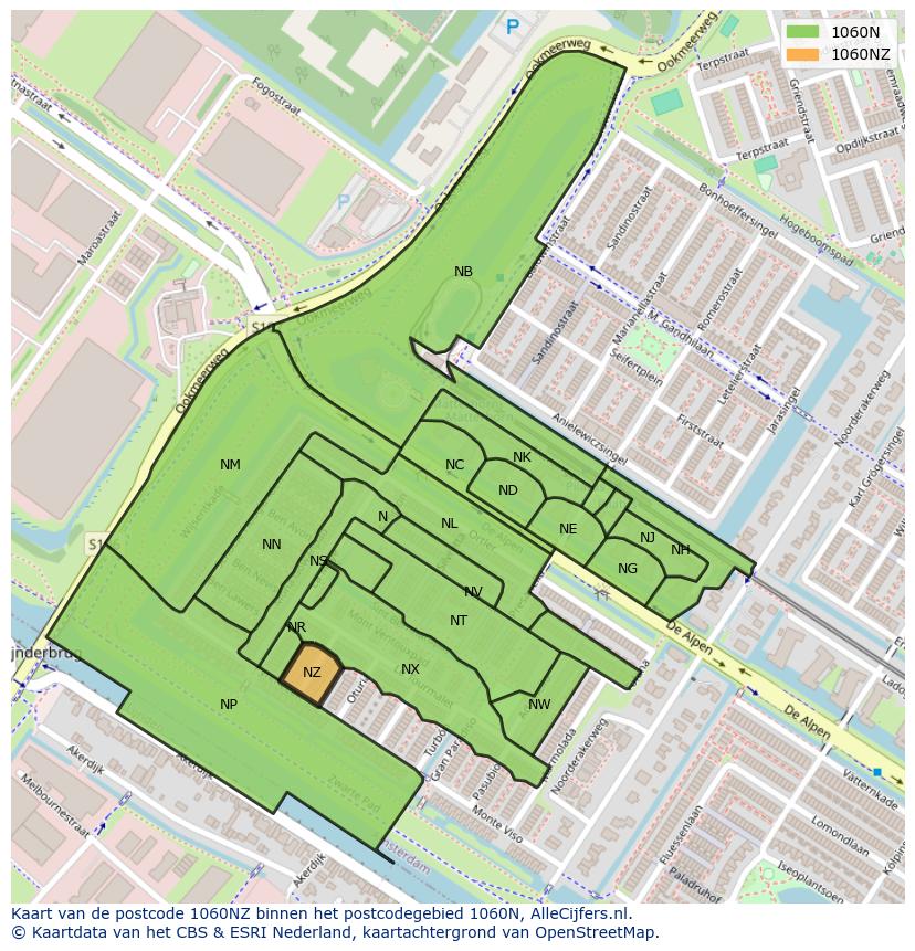 Afbeelding van het postcodegebied 1060 NZ op de kaart.