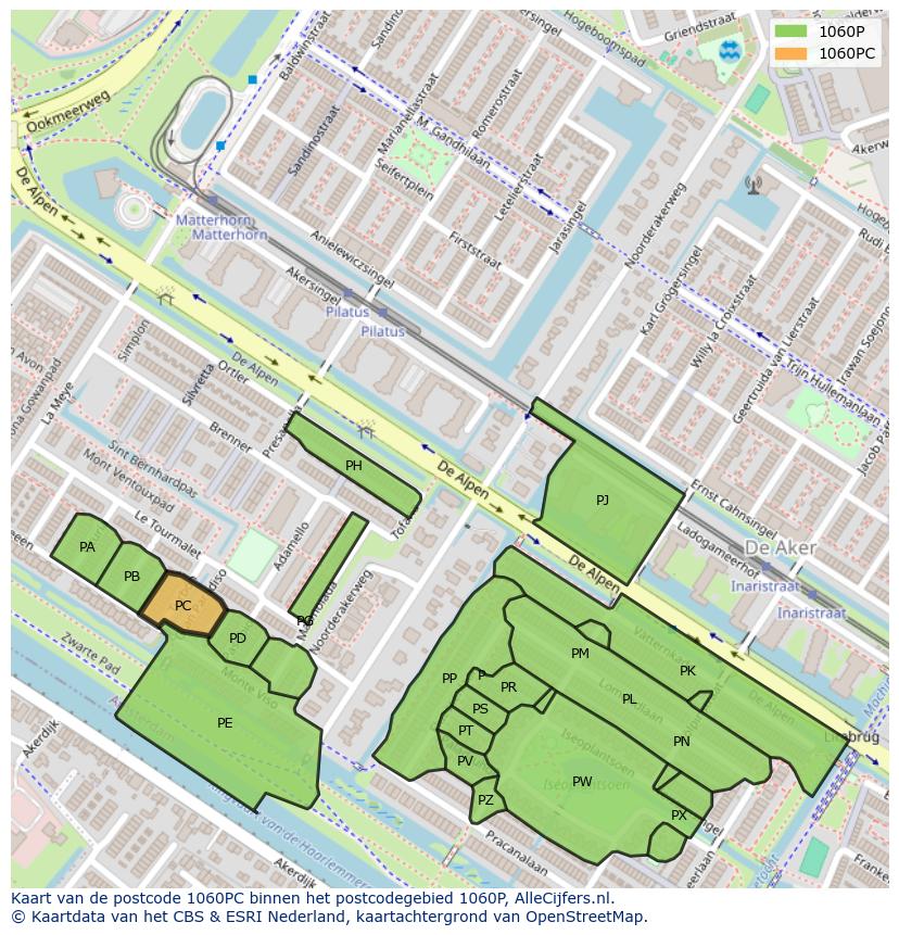 Afbeelding van het postcodegebied 1060 PC op de kaart.