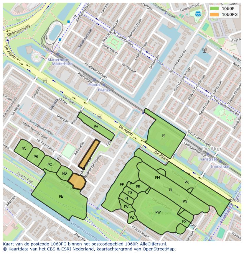 Afbeelding van het postcodegebied 1060 PG op de kaart.