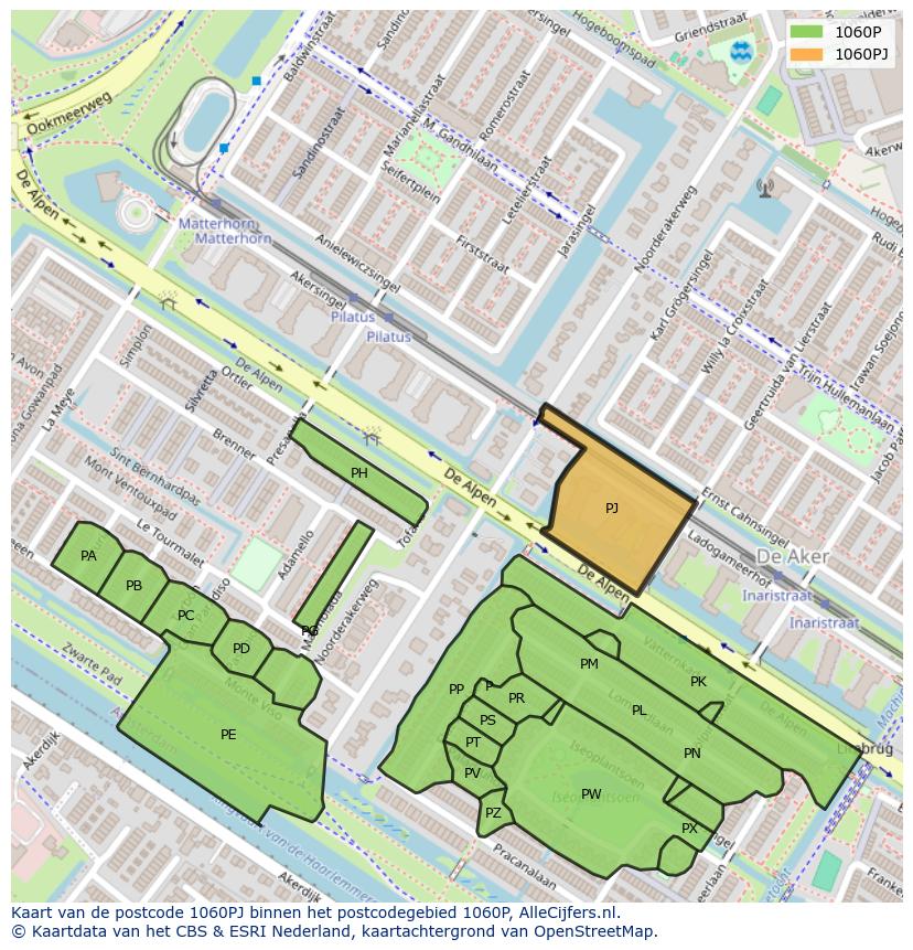 Afbeelding van het postcodegebied 1060 PJ op de kaart.