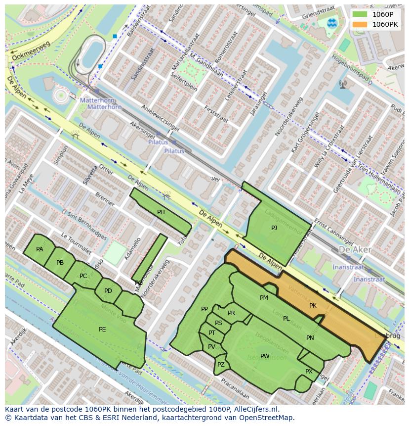 Afbeelding van het postcodegebied 1060 PK op de kaart.