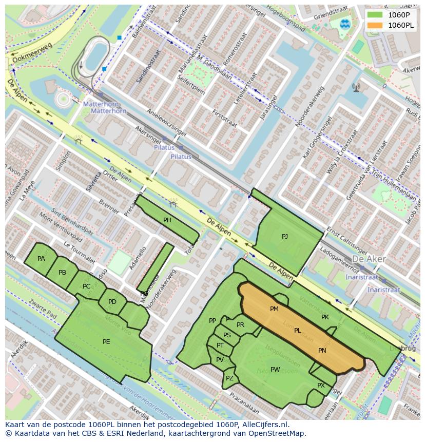 Afbeelding van het postcodegebied 1060 PL op de kaart.