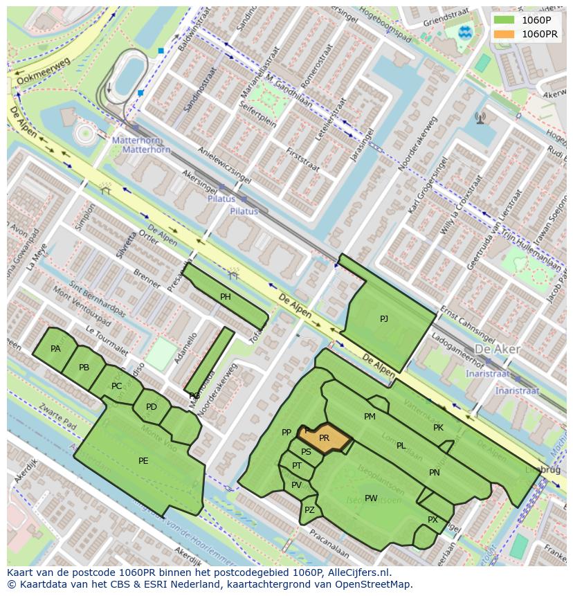 Afbeelding van het postcodegebied 1060 PR op de kaart.
