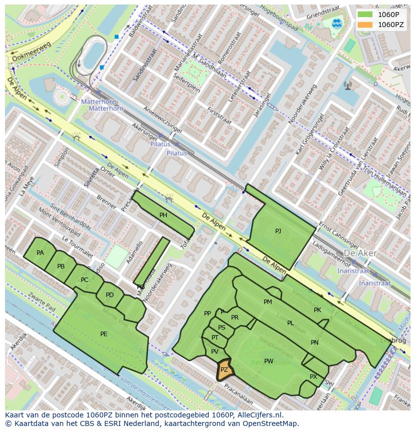 Afbeelding van het postcodegebied 1060 PZ op de kaart.