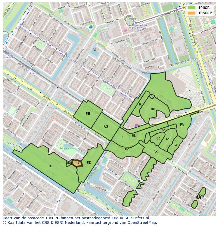 Afbeelding van het postcodegebied 1060 RB op de kaart.