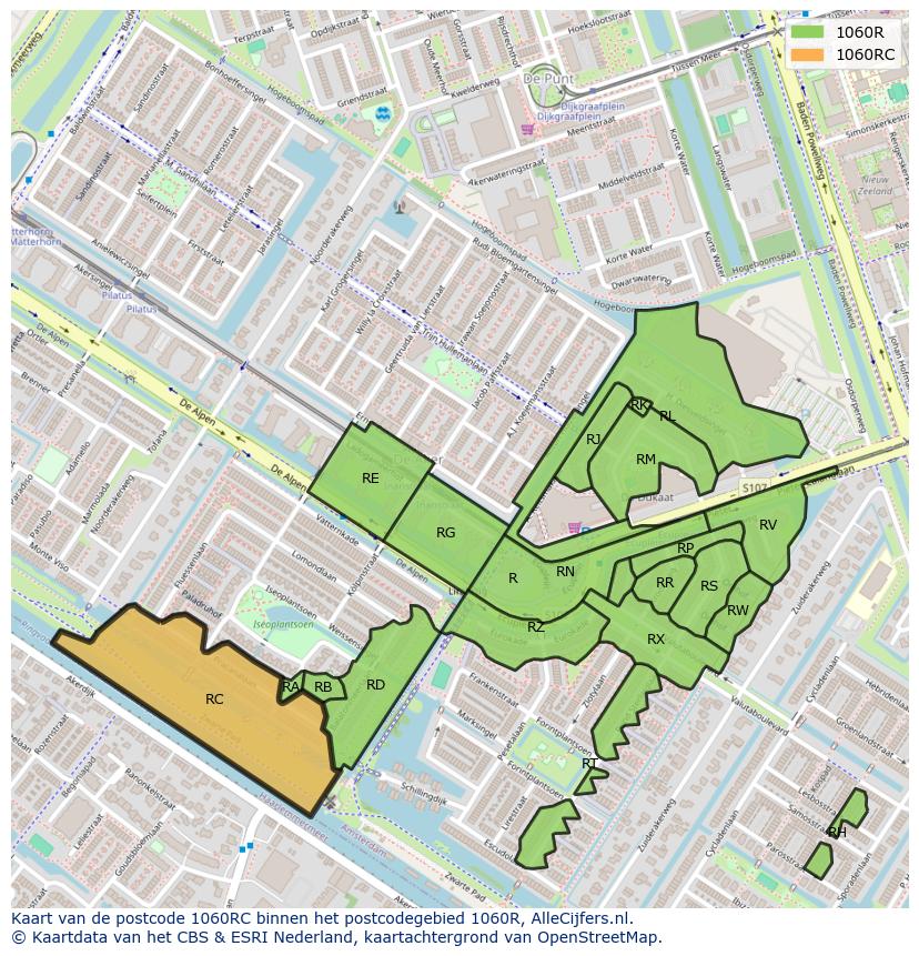 Afbeelding van het postcodegebied 1060 RC op de kaart.