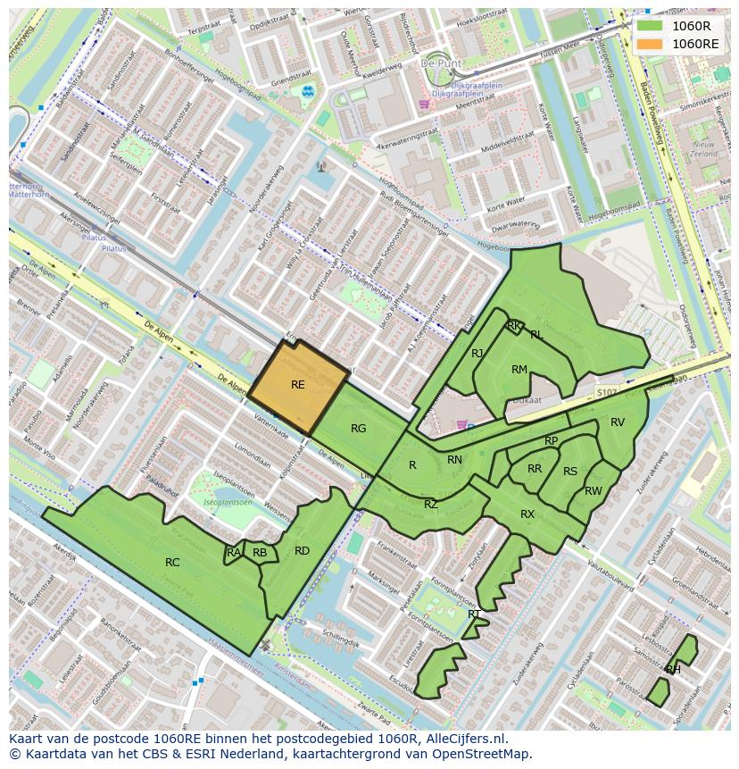 Afbeelding van het postcodegebied 1060 RE op de kaart.
