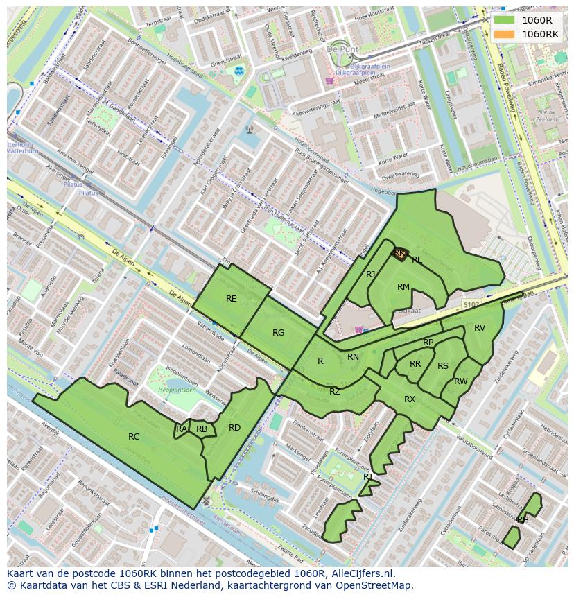 Afbeelding van het postcodegebied 1060 RK op de kaart.